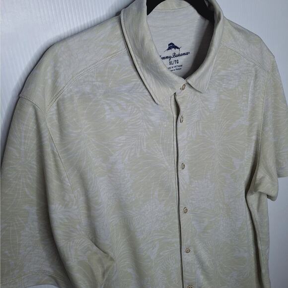 Tommy Bahama Camp Shirt XL Neutral Hibiscus Tencel Button Front Short Sleeve - Picture 3 of 7